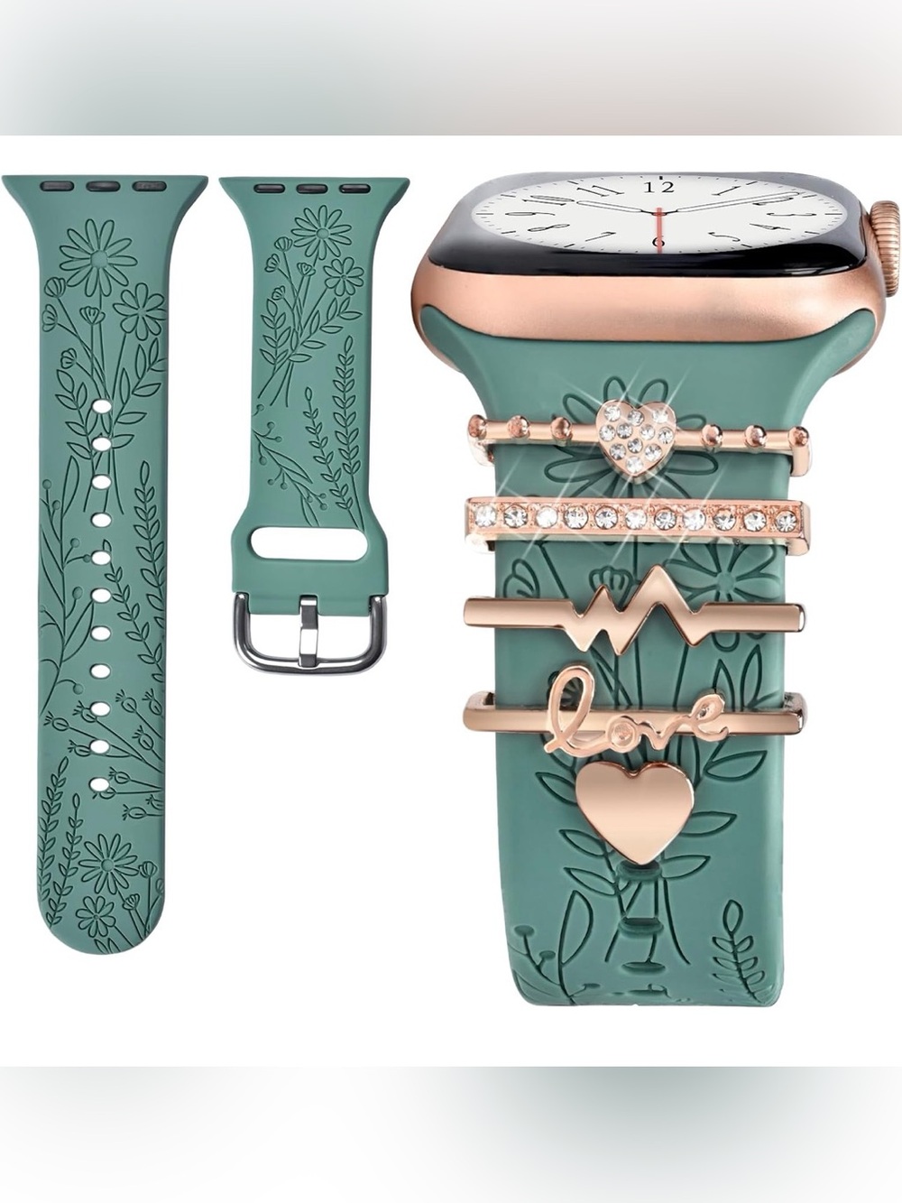 Apple Watch Floral Teal Silicone Band with Rose Gold Charm Set